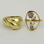 Two (2) Vintage 14 Karat Yellow Gold Rings, one set with small diamonds. One signed 14K. Used