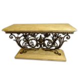 Large Contemporary Faux Marble and Iron Console. Unsigned. Good condition. Measures 36" H x 63" L