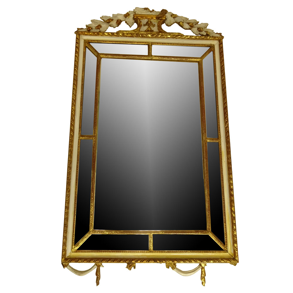 20th Century Italian Carved Painted and Parcel Gilt Mirror. Unsigned. Losses to carving, rubbing.