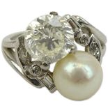 Lady's Retro Approx. 1.0 Carat Round Brilliant Cut Diamond and Pearl Cross Over Ring Set in