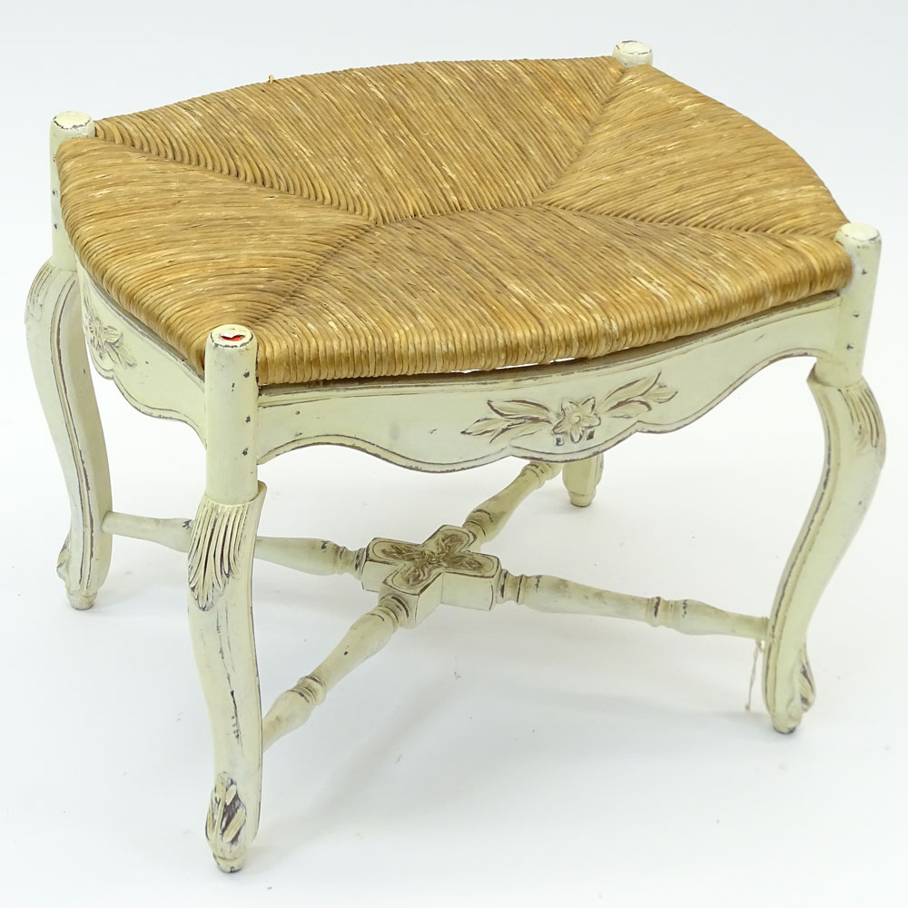 Mid 20th Century Italian Louis XV Style Carved Painted Bench with Rush Seat. Unsigned. Minor rubbing - Image 2 of 4