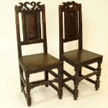 Pair 19th Century Italian Primitive Carved Side Chairs. Unsigned. Rubbing, wear, surface losses,