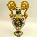 Large Vintage Italian Deruta Majolica Vase with Snake Handles. Signed. Small chips to base otherwise