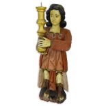 Early 20th Century Italian Carved Painted Wood Santos Figural Candleholder. Unsigned. Wood splits,
