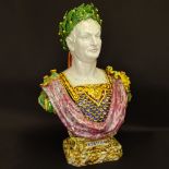 Monumental 19/20th Century Italian Majolica Figural Bust of Emperor Octavius on Socle. Unsigned.