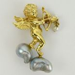 Vintage 14 Karat Yellow Gold and Pearl Cherub Pendant Brooch. Signed 14K. Good condition. Measures