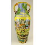 Large Vintage Italian Majolica Handled Urn. Figural motif. Unsigned. Minor chips at base.