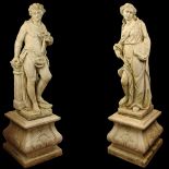 20th Century Cast Stone Garden Figures On Plinths. Unsigned. Good weathered condition. Measure