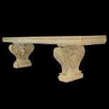 19th Century Carved Carrera Marble Garden Bench. Figural Design. Typical Losses and weathering