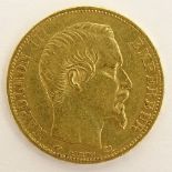 Swiss 1858 20 Franc Gold Coin. The gallery does not grade coins. Weight: 4.10 pennyweights.