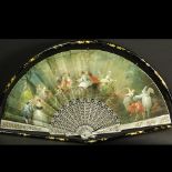 Antique 18/19th Century Hand Painted Paper and Mother Of Pearl 1/2 Circle Fan In Chinese Motif