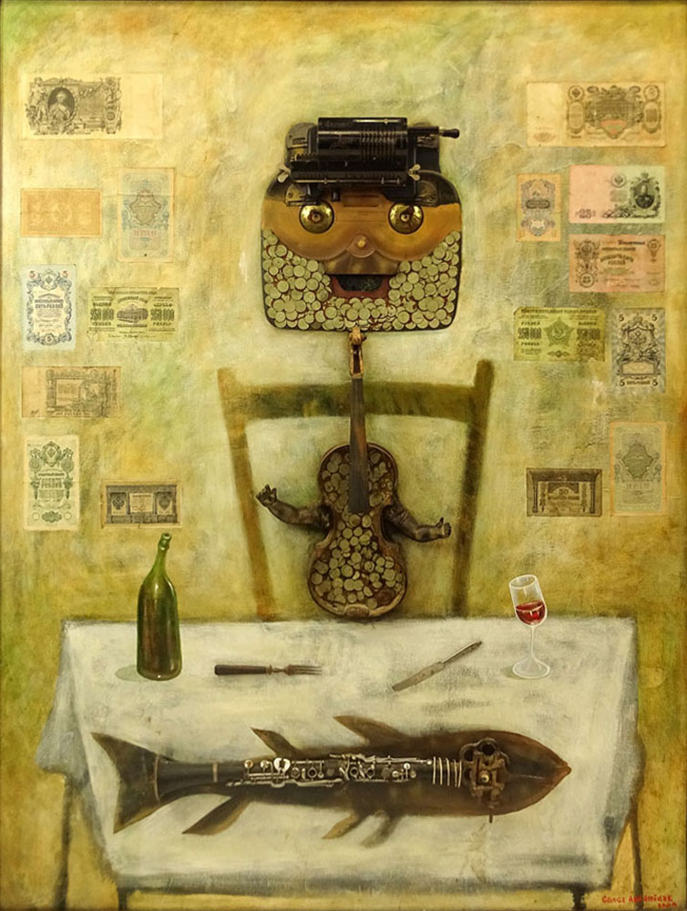 George Abramidze, Georgian (20-21st cent.) Mixed media on Canvas, "Banker's Lunch". Signed and dated