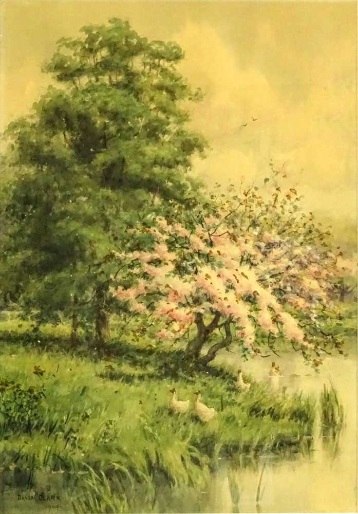 David Clark, American (19/20th C) Watercolor on paper. "Spring Landscape With Ducks" Signed and