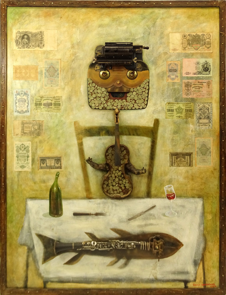 George Abramidze, Georgian (20-21st cent.) Mixed media on Canvas, "Banker's Lunch". Signed and dated - Image 2 of 10