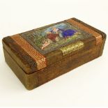 Antique Continental Enamel Plaque Mounted on Leather Covered Wood Box. Unsigned. Surface wear and