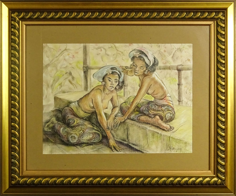 Adrian Jean Lemayeir Demerpres, Belgian (1880-1958) Pastel on Paper, Balinese Girls. Signed lower - Image 2 of 5