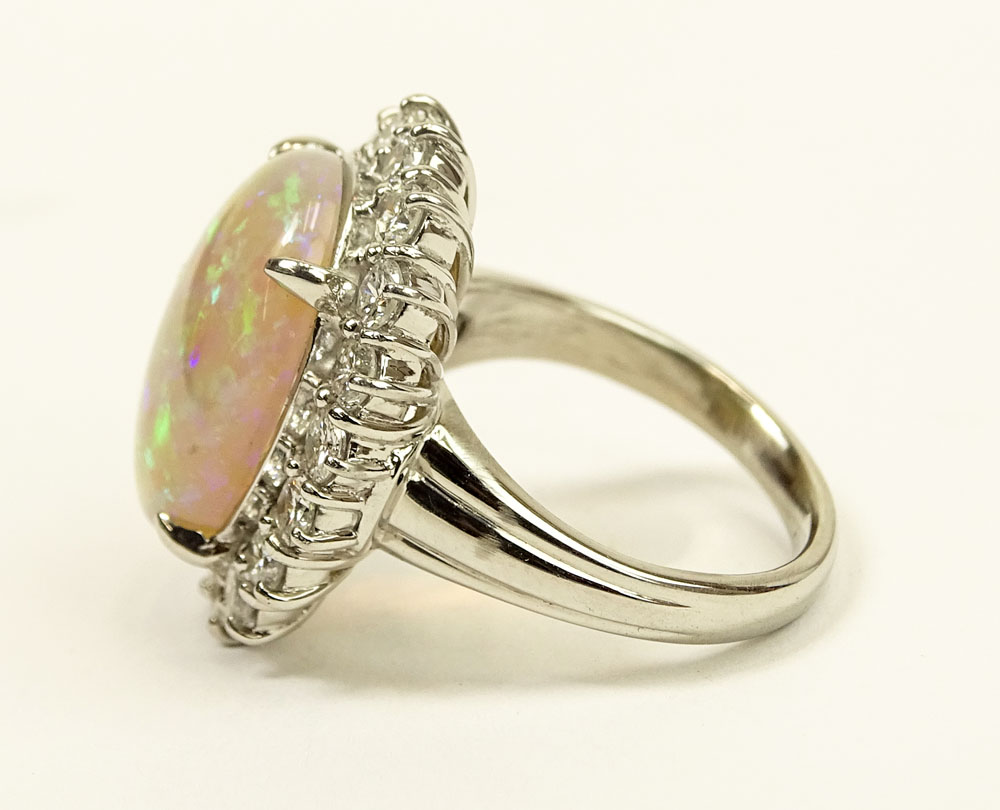 Lady's Oval Cut White Opal, Approx. 1.0 Carat Round Brilliant Cut Diamond and Platinum Ring. Opal - Image 3 of 5