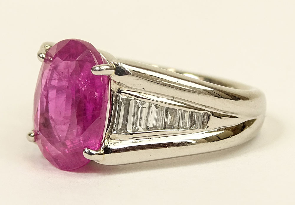 4.92 Carat Oval Cut Burma Ruby, .45 Carat Baguette Cut Diamond and Platinum Ring. Ruby with good - Image 3 of 7