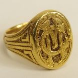Antique 18 Karat or Higher Yellow Gold Signet "CM" Ring. Unsigned. Good antique condition. Ring size