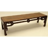 20th Century Chinese Carved Hardwood Low Table/Bench. Unsigned. Age splits, scuffs. Measures 14" H x