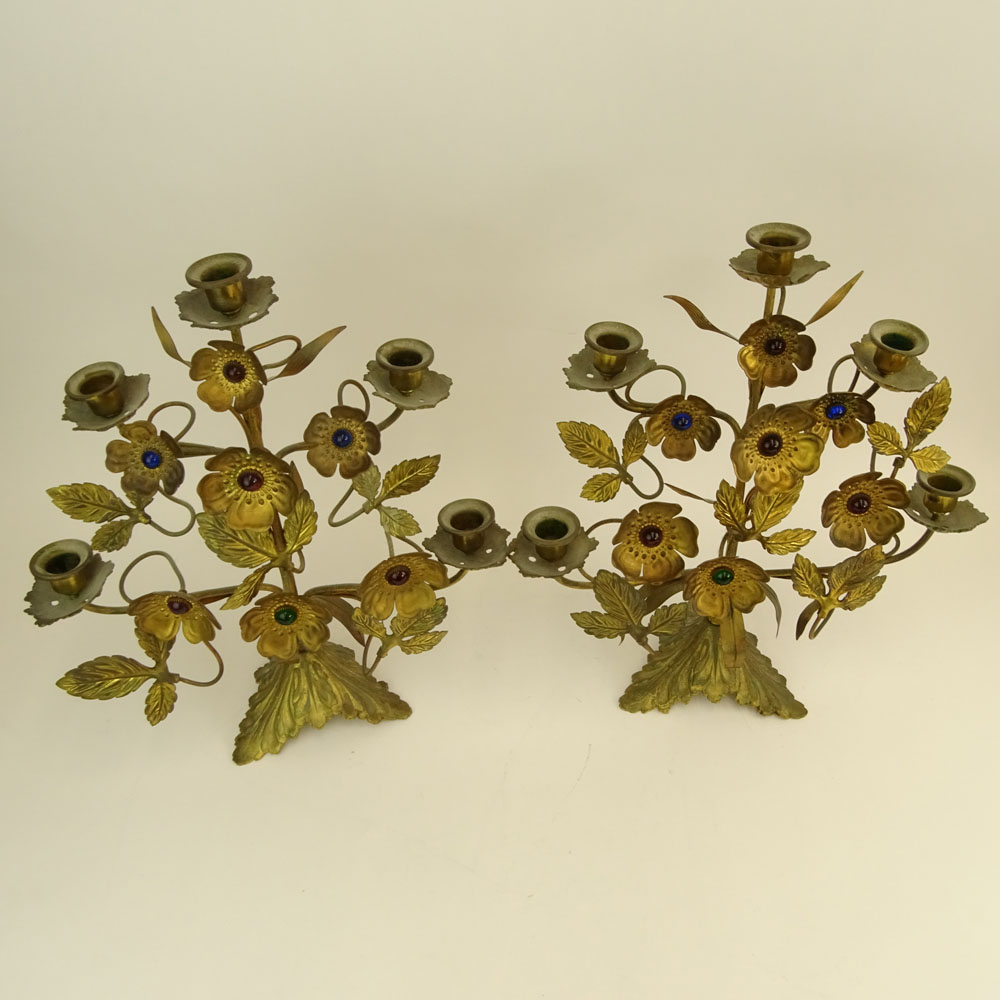 Pair of Antique French Jeweled Bronze/Brass Candelabra. Each with 5 lights and a floral motif. - Image 2 of 3
