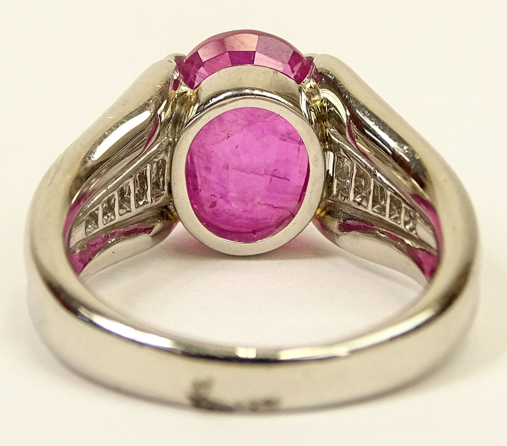 4.92 Carat Oval Cut Burma Ruby, .45 Carat Baguette Cut Diamond and Platinum Ring. Ruby with good - Image 4 of 7