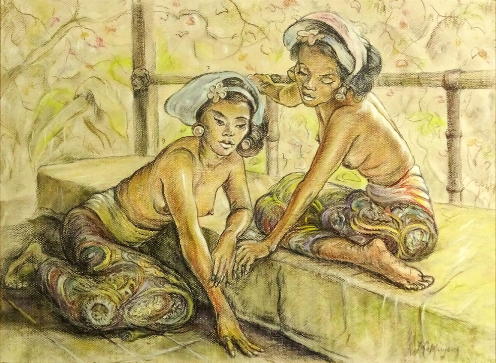 Adrian Jean Lemayeir Demerpres, Belgian (1880-1958) Pastel on Paper, Balinese Girls. Signed lower