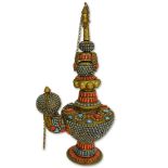 Vintage Indian Nepal Turquoise Coral and Brass Ceremonial Oil Lamp. Unsigned. Good condition.