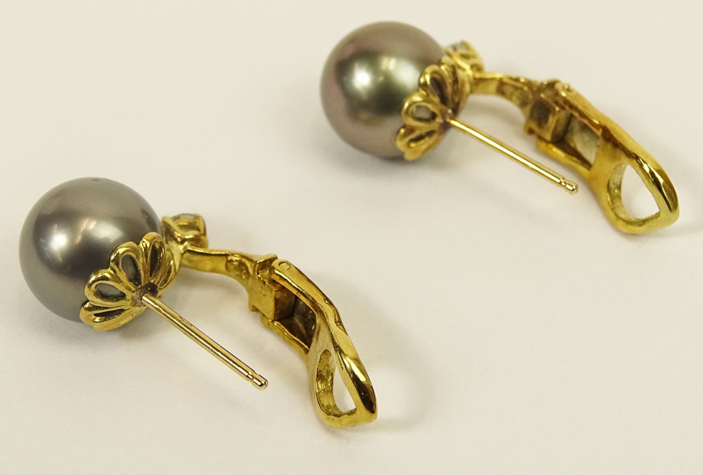 Lady's South Sea Grey Pearl, Diamond and 18 Karat Yellow Gold Earrings. Pearls mmeasure 10mm. - Image 2 of 3