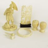 Miscellaneous Lot of Carved Ivory Including: a Japanese Peasant Figure, Unsigned; a Miniature