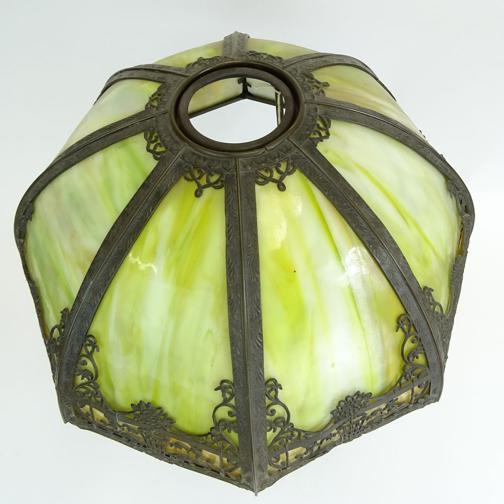 Antique Green Slag Glass Table Lamp with Metal Overlay and Bronze Base. Base Signed 4G, Shade - Image 2 of 3