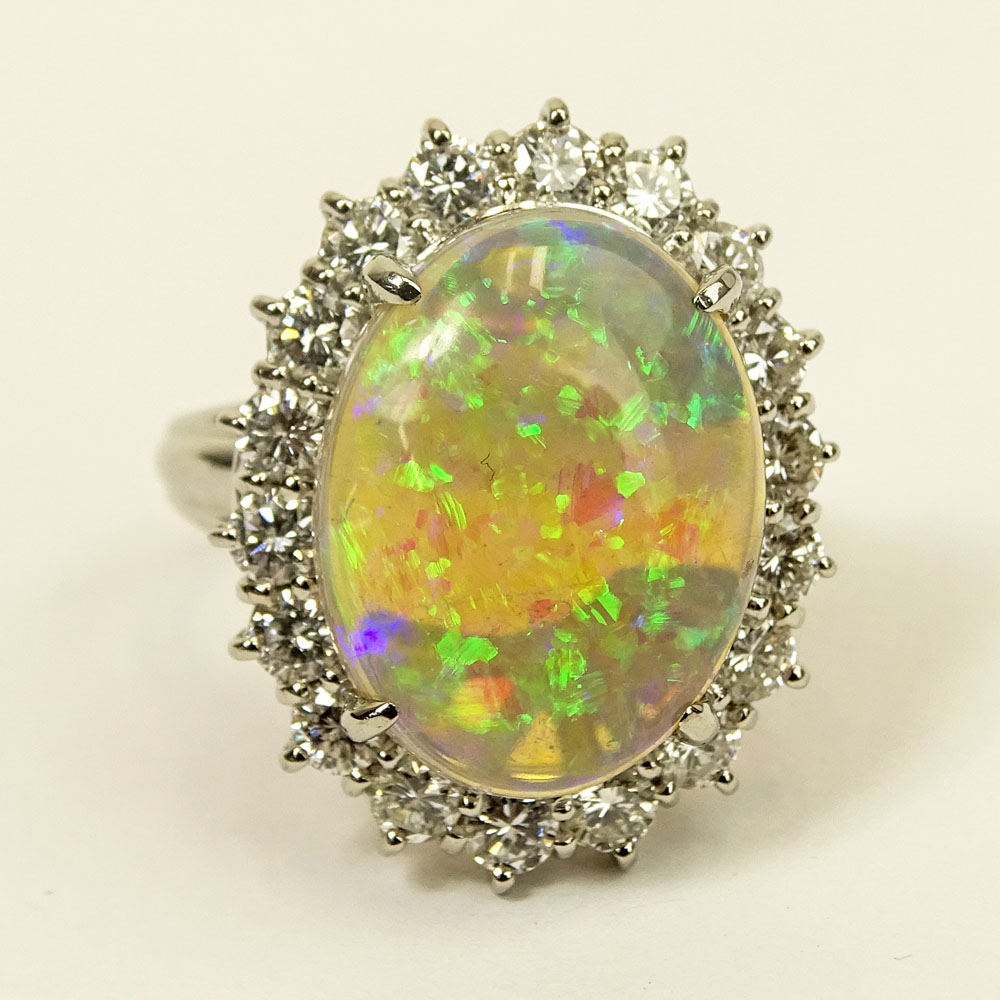 Lady's Oval Cut White Opal, Approx. 1.0 Carat Round Brilliant Cut Diamond and Platinum Ring. Opal - Image 2 of 5