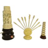 Three (3) Piece Lot Of Vintage Ivory. Includes a miniature elephant tower, a carved toothpick