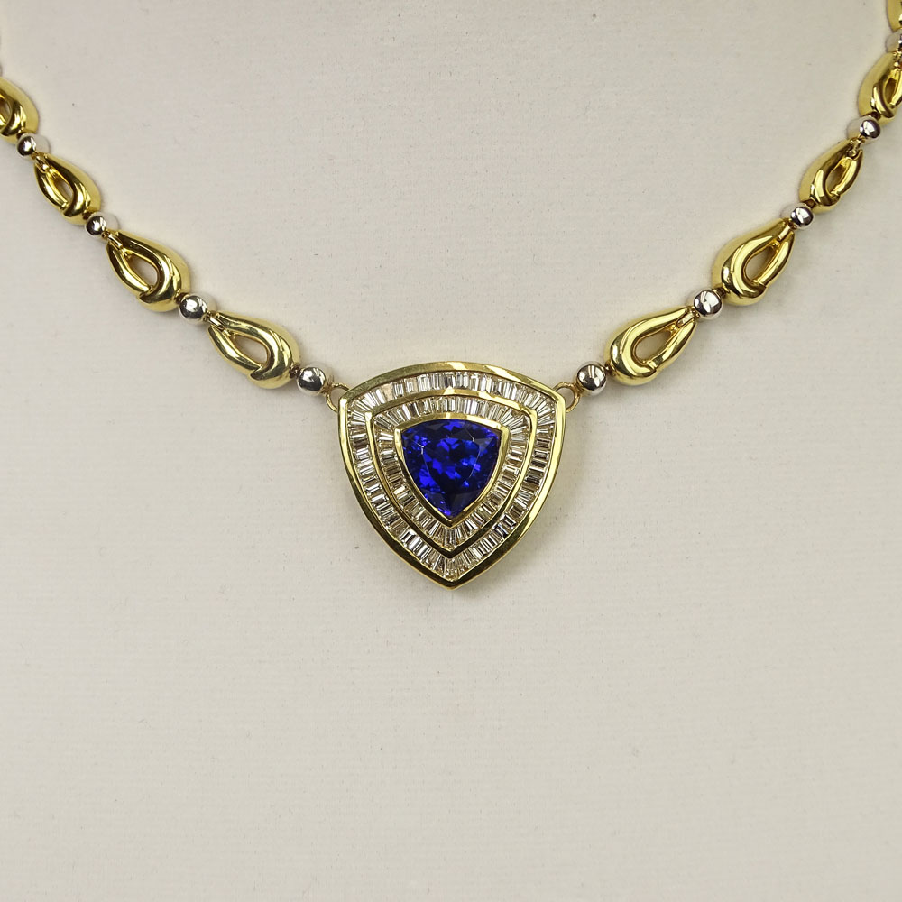 Lady's Large Gem Quality Tanzanite, Diamond and 18 Karat Gold Necklace set in the Center with a 9.27