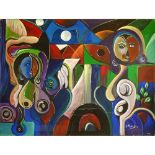 Circa 1997 Cubist style Oil on Canvas. Signed D. Morales 97. Good condition. Measures 36" H, 48"