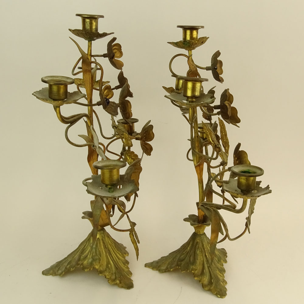 Pair of Antique French Jeweled Bronze/Brass Candelabra. Each with 5 lights and a floral motif. - Image 3 of 3