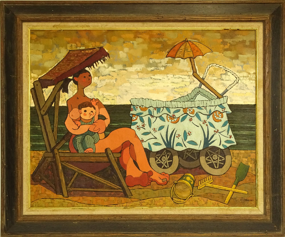 Juan Guillermo Rodriguez Baez, Spanish (1916-1968) Oil on Canvas, "Maternidad en la Playa". Signed - Image 2 of 9