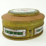 Antique French Cloth Covered Wood Trinket Box with Hand Painted Porcelain Plaques. Key Included.