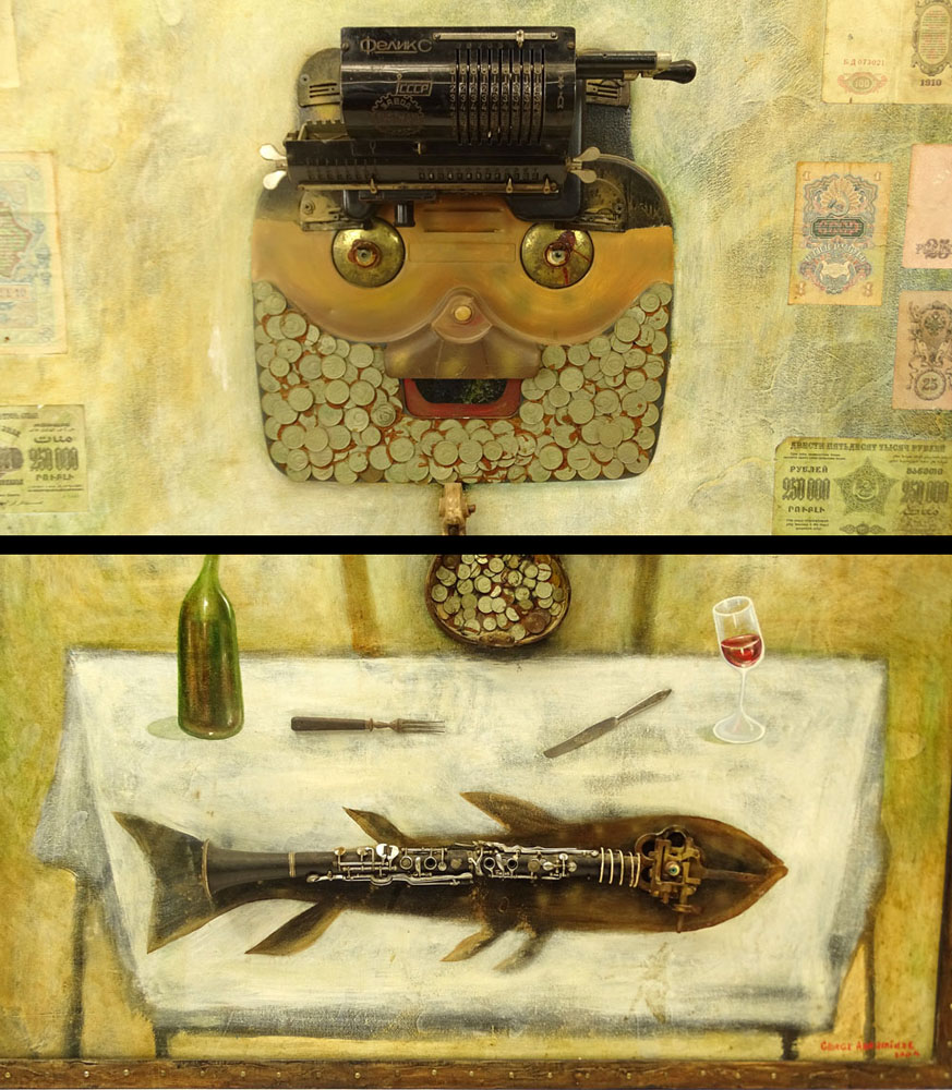 George Abramidze, Georgian (20-21st cent.) Mixed media on Canvas, "Banker's Lunch". Signed and dated - Image 9 of 10