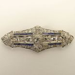 Art Deco Approx. 2.5 Carat Old European Cut Diamond, Sapphire and Platinum Bar Brooch. Diamonds G-