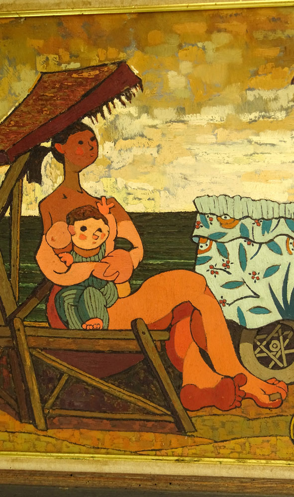 Juan Guillermo Rodriguez Baez, Spanish (1916-1968) Oil on Canvas, "Maternidad en la Playa". Signed - Image 4 of 9