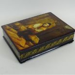 Finely Done Hand Painted Russian Lacquer Box. Artist signed. Good condition. Measures 9" x 6-3/4"