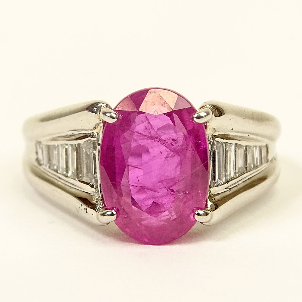 4.92 Carat Oval Cut Burma Ruby, .45 Carat Baguette Cut Diamond and Platinum Ring. Ruby with good - Image 2 of 7