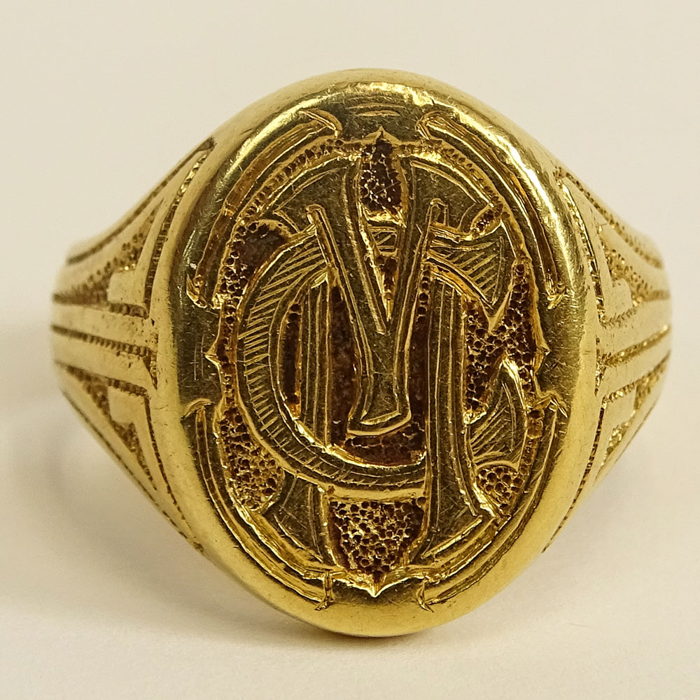 Antique 18 Karat or Higher Yellow Gold Signet "CM" Ring. Unsigned. Good antique condition. Ring size - Image 2 of 5