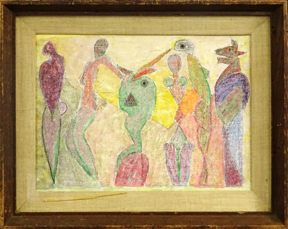 Attributed to: Paul Klee, Swiss (1879-1940) Oil on board "Figural Abstract" Sticker verso " - Image 2 of 3