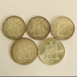 Five (5) French Silver Coins Including: 1979 50 Francs; 1975 50 Francs; 1968 10 Francs; 1968 10