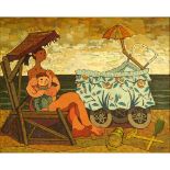 Juan Guillermo Rodriguez Baez, Spanish (1916-1968) Oil on Canvas, "Maternidad en la Playa". Signed