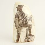 Scrimshaw Whales Tooth Signed By Becky Wilson. Depicts a Cowboy Frontiersman. Good condition.