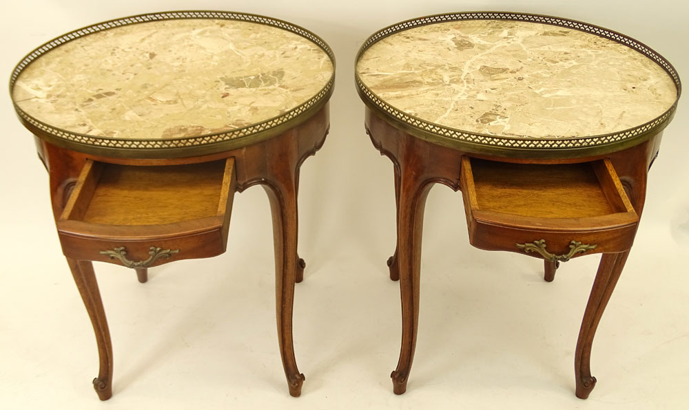 Pair of French Louis XV Style Marble Top Tables With Pierced Brass Gallery. Each with one drawer and - Image 6 of 6