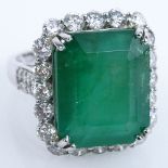 AIG Certified 15.59 Carat Rectangular Step Cut Emerald, 2.15 Carat Round Brilliant Cut Diamond and